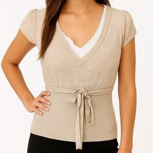 Vintage Y2K Ribbed Knit Ruffle Lace V-Neck Top Beige Tie Academia Office School